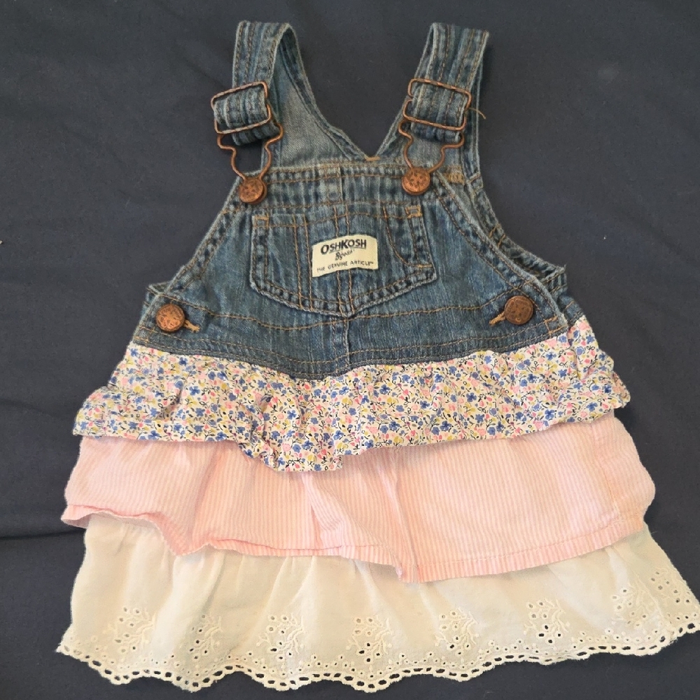 OshKosh B'gosh Denim Floral and Pink Ruffle Overalls
